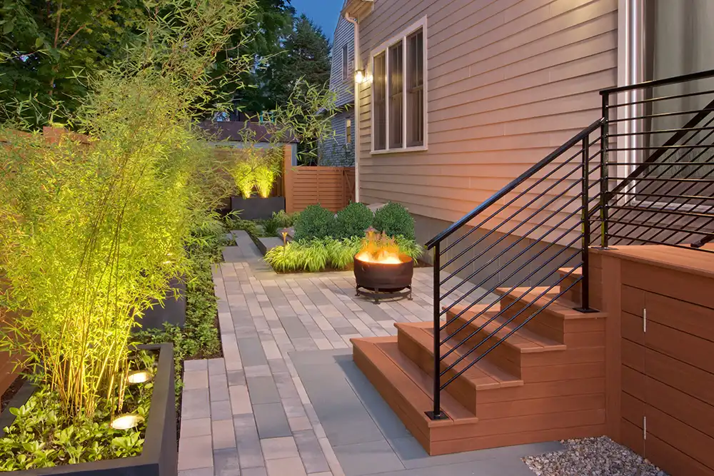 Backyard terrace stairs and fire pit